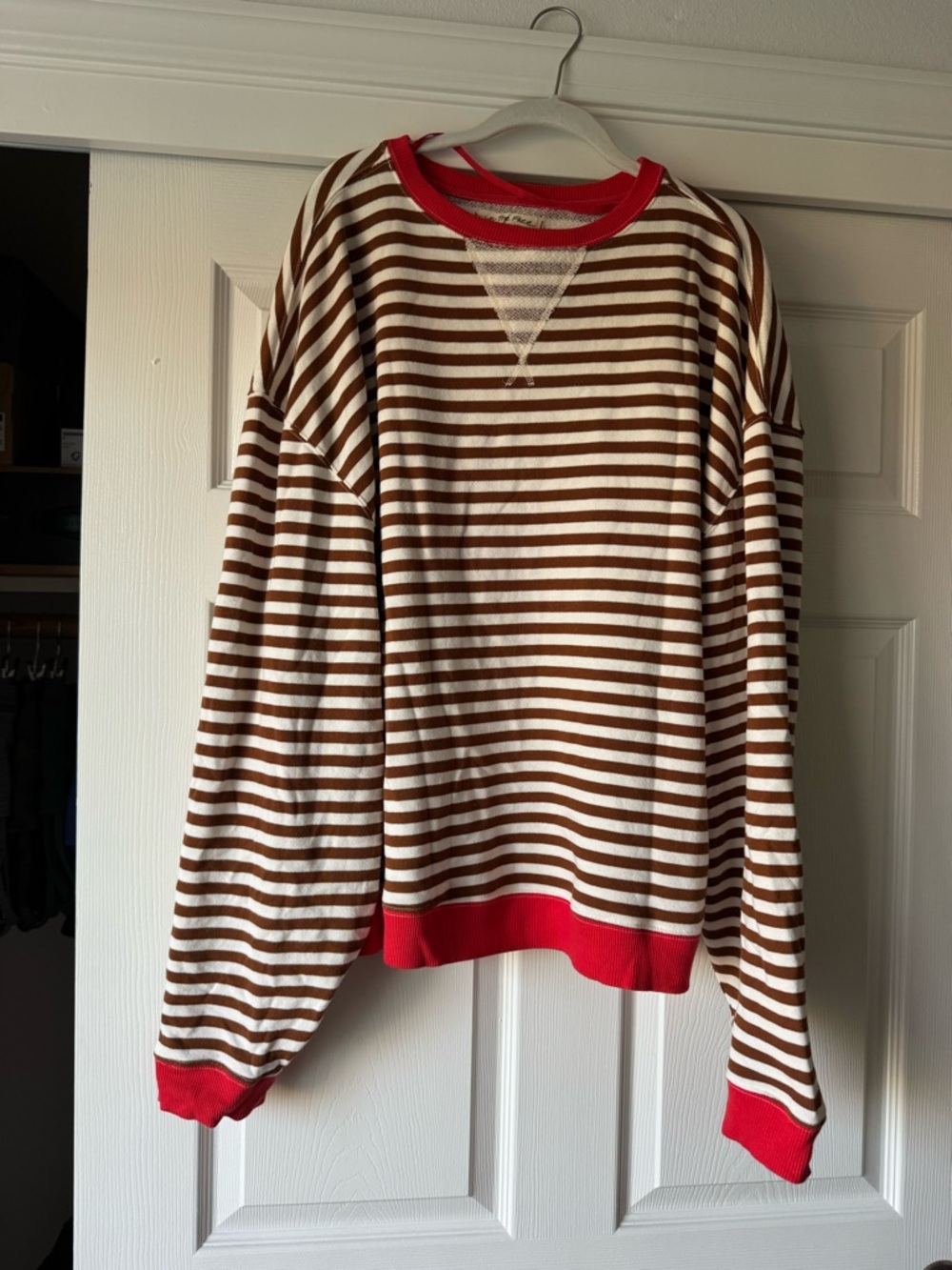 Free People Brown and White Striped Crewneck Sweater with Red Trim